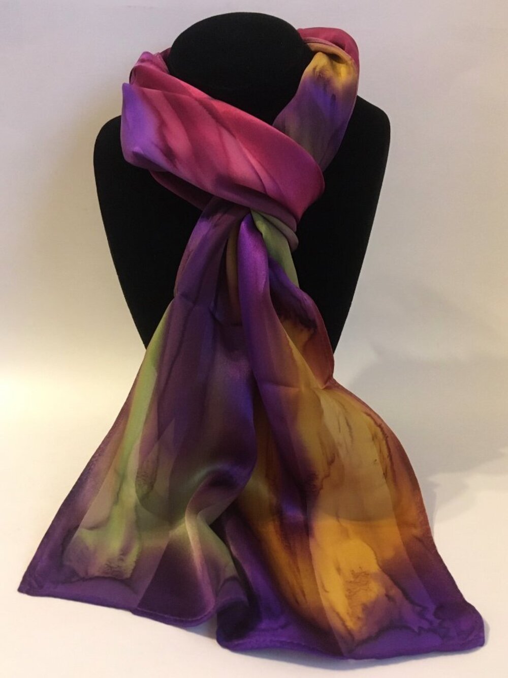 Hand Painted Silk Scarf Pink Gold Green Purple Women Unique Oblong Head Neck